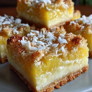Pode incluir: Close-up de várias barras de sobremesa quadradas. As barras têm uma aparência em camadas com uma base de cor clara, um recheio amarelo e uma cobertura esfarelada marrom dourado polvilhada com flocos de coco brancos. As barras são empilhadas em um prato cinza.