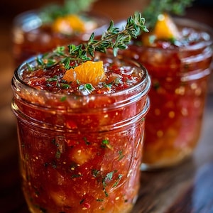May include: Two glass mason jars filled with a chunky red tomato-based salsa or relish. Each jar is topped with a fresh orange citrus segment and a sprig of green thyme herb. The mixture has visible red tomato pieces, green herbs, and seeds.