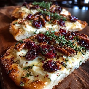 May include: Close-up of a flatbread topped with white cheese, pecans, and dark red cranberries. Sprigs of green herbs are scattered across the top. The flatbread sits on a wooden surface, with a blurred background.