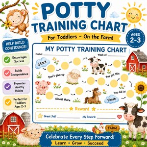 May include: A colorful potty training chart for toddlers, featuring farm animals like a cow, sheep, and pig. The chart includes spaces for tracking progress, encouraging success, and building independence. The chart is designed for ages 2-3.