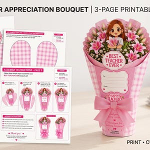 Puede incluir: Una plantilla imprimible de 3 páginas para un ramo de regalo para maestros, con un cono de papel de cuadros vichy rosa, una ilustración de personaje y el texto BEST TEACHER EVER y HAPPY TEACHER'S DAY, con instrucciones y un lazo rosa.