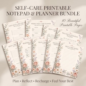 May include: A bundle of 10 printable self-care planner pages featuring floral illustrations in shades of pink, purple, and green. The pages include titles like Daily Self-Care Checklist, Weekly Self-Care Planner, Wellness & Hydration Tracker, and Self-Care Notes.