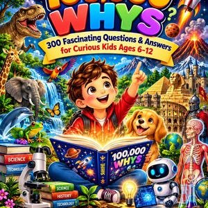 Può includere: Una copertina di libro intitolata 100,000 WHYS che mostra un bambino che legge circondato da illustrazioni di un dinosauro, giraffa, elefante, delfino, rana, cucciolo, robot, scheletro umano, spazio, piramidi e icone di scienza e natura.