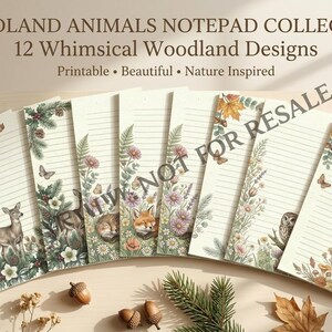 May include: A collection of twelve lined notepads featuring woodland animal illustrations including a hedgehog, deer, fox, owl, and bear, surrounded by floral and botanical motifs. The text reads WOODLAND ANIMALS NOTEPAD COLLECTION.