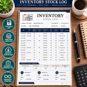 May include: A white inventory stock log template on a clipboard with dark blue headers and text. The document includes a table for tracking item names, dates, inward numbers, balances, and quantities, with a monthly summary and signature sections.