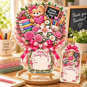 May include: A decorative Teacher's Day card shaped like a bouquet of pink flowers and a teddy bear holding a heart that says Best Teacher Ever. It features a jar with a Happy Teacher's Day message area, a chalkboard, and school supplies.