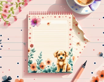 Watercolor Puppy Notepad Bundle, Floral Stationery, Planner Pages (4x4, 4x6) (Digital Download)