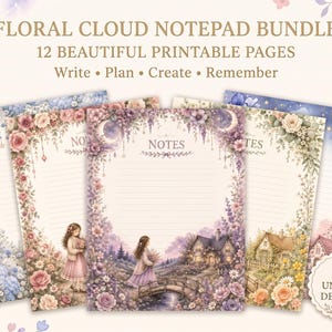 Floral Cloud Notepad Bundle, Watercolor Lined Notes, Cottagecore Stationery (12 Pages)