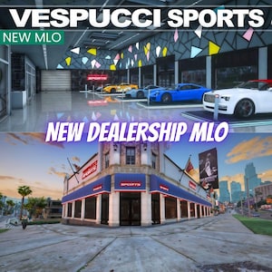 Puede incluir: Imagen de un concesionario de automóviles con el texto "VESPUCCI SPORTS" y "NEW MLO" en la parte superior. La parte inferior muestra un edificio con la señalización "SPORTS" y el texto "NEW DEALERSHIP MLO". Varios coches son visibles.