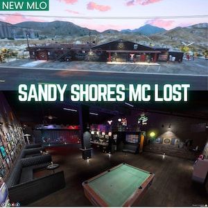 May include: Exterior and interior views of a bar and club. The exterior shows a one-story building with a sign that reads "Sandy Shores MC Lost". The interior features a pool table, seating, and a bar area.