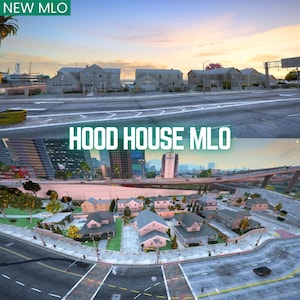 Può includere: Un rendering digitale di una scena cittadina con case residenziali e grattacieli. Il testo "HOOD HOUSE MLO" è visualizzato in grandi lettere bianche. Il testo "NEW MLO" è in una casella verde nell'angolo in alto a sinistra.