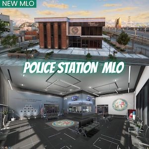 Puede incluir: Representación digital de una estación de policía, mostrando tanto el exterior como el interior. El exterior presenta un edificio moderno de ladrillo con el texto "Police Station MLO". El interior revela una sala de espera con asientos, una recepción y un sello de la ciudad.