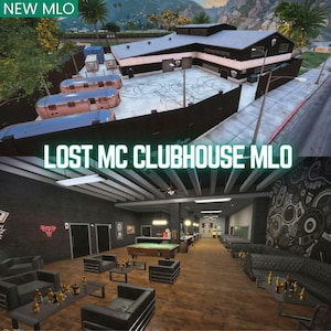 May include: An image of a building with the text "LOST MC CLUBHOUSE MLO" and "NEW MLO". The building has a black exterior with white accents and a flat roof. The interior shows a bar, pool table, and seating areas.