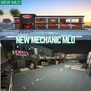 May include: An exterior and interior view of Benny's Motor Works, a mechanic shop. The exterior shows a modern building with large windows and the text "Benny's Motor Works". The interior shows a spacious garage with various equipment and the text "NEW MECHANIC MLO".