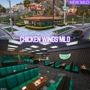 Puede incluir: Vistas exteriores e interiores de un restaurante llamado "Chicken Wings MLO". El exterior muestra un edificio con techo marrón y setos verdes. El interior presenta cabinas y mesas de color turquesa. Se muestra el texto "Chicken Wings MLO".