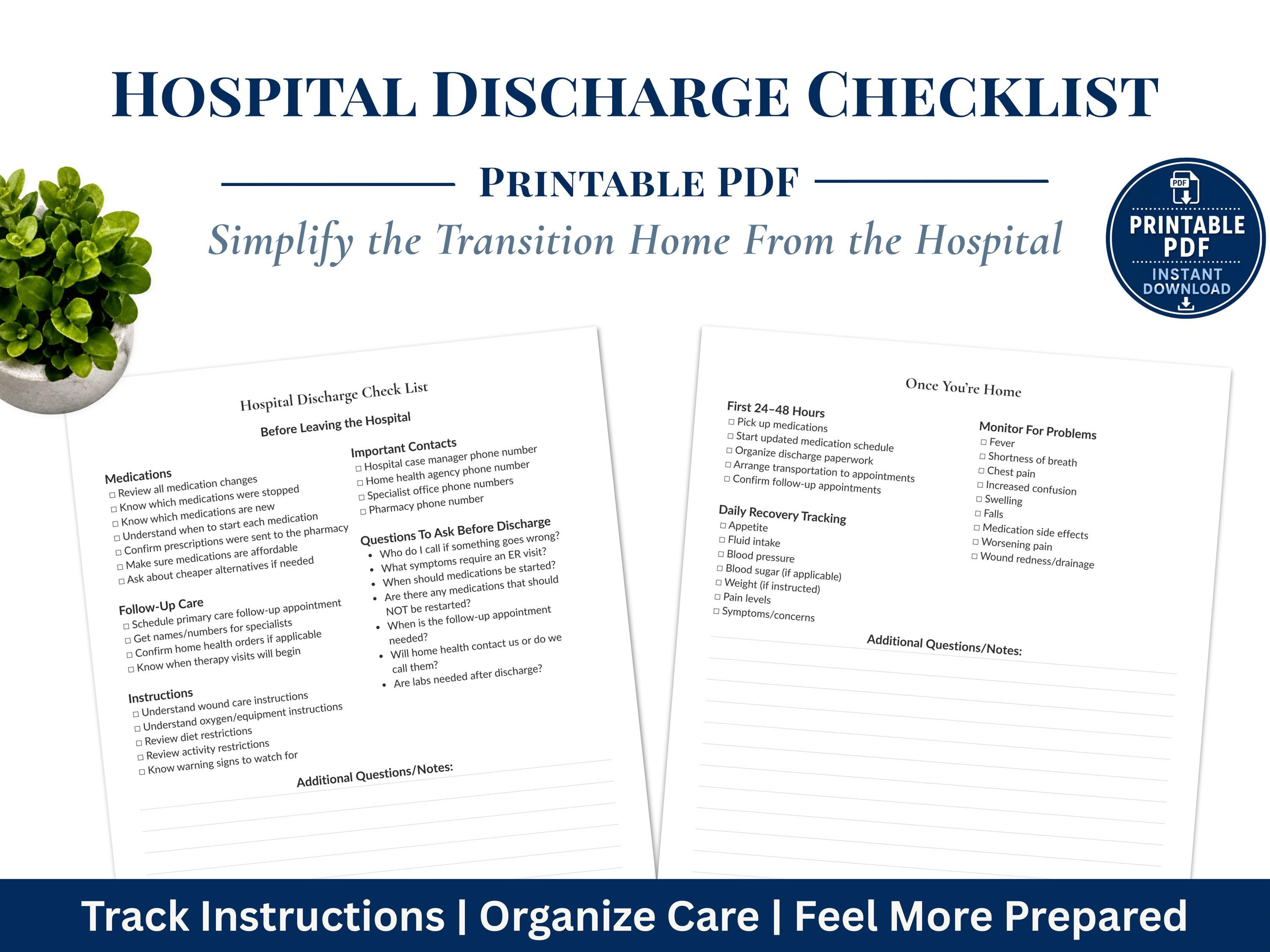 Hospital Discharge Checklist Printable PDF | Patient Care Organizer ...