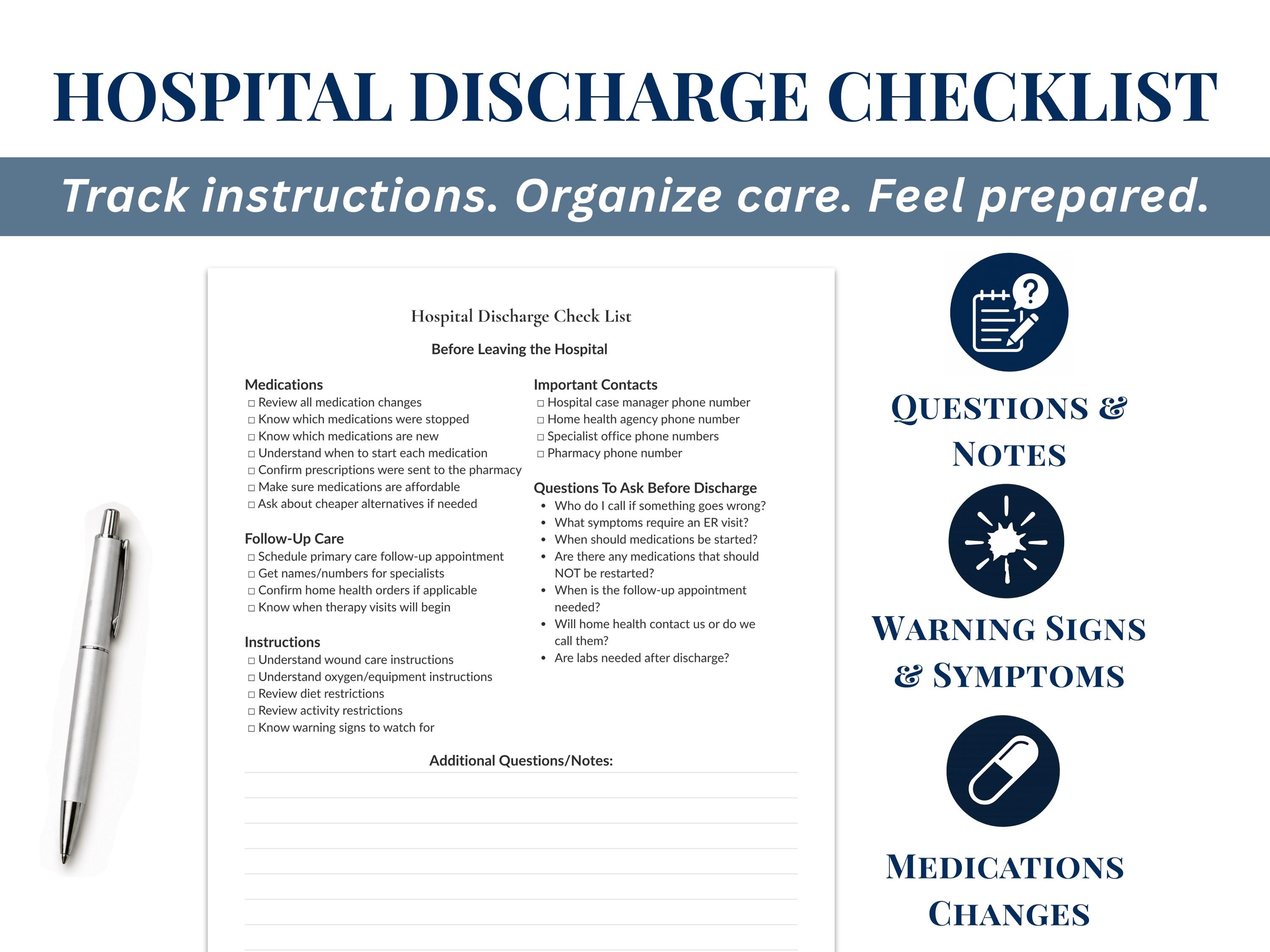 Hospital Discharge Checklist Printable PDF | Patient Care Organizer ...
