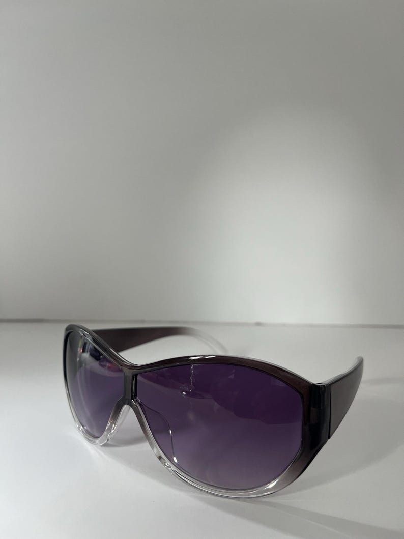 Pu&ograve; includere: Occhiali da sole viola scuro con lenti sfumate e montatura trasparente. Gli occhiali da sole hanno un design curvo e una montatura superiore marrone scuro. Le lenti sono di colore viola intenso.