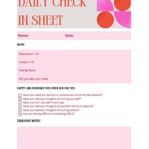Könnte beinhalten: Ein druckbares "DAILY CHECK IN SHEET" mit einem hellgrauen Header und rosa Abschnitten. Das Blatt enthält Abschnitte für Stimmung, Sicherheit, Substanzkonsum und Therapeutennotizen. Der Header hat den Text "DAILY CHECK IN SHEET" in einer fetten, roten Schrift.