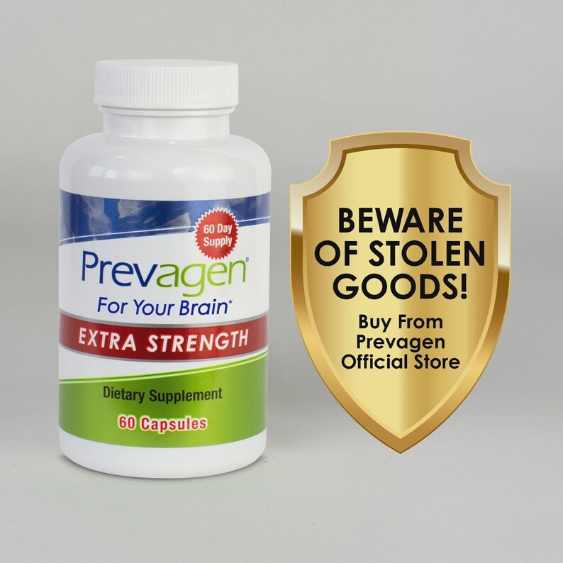May include: A white plastic bottle of Prevagen Extra Strength dietary supplement with a blue and green label, containing 60 capsules for a 60 day supply. Next to it is a gold shield graphic with the text BEWARE OF STOLEN GOODS! Buy From Prevagen Official Store.