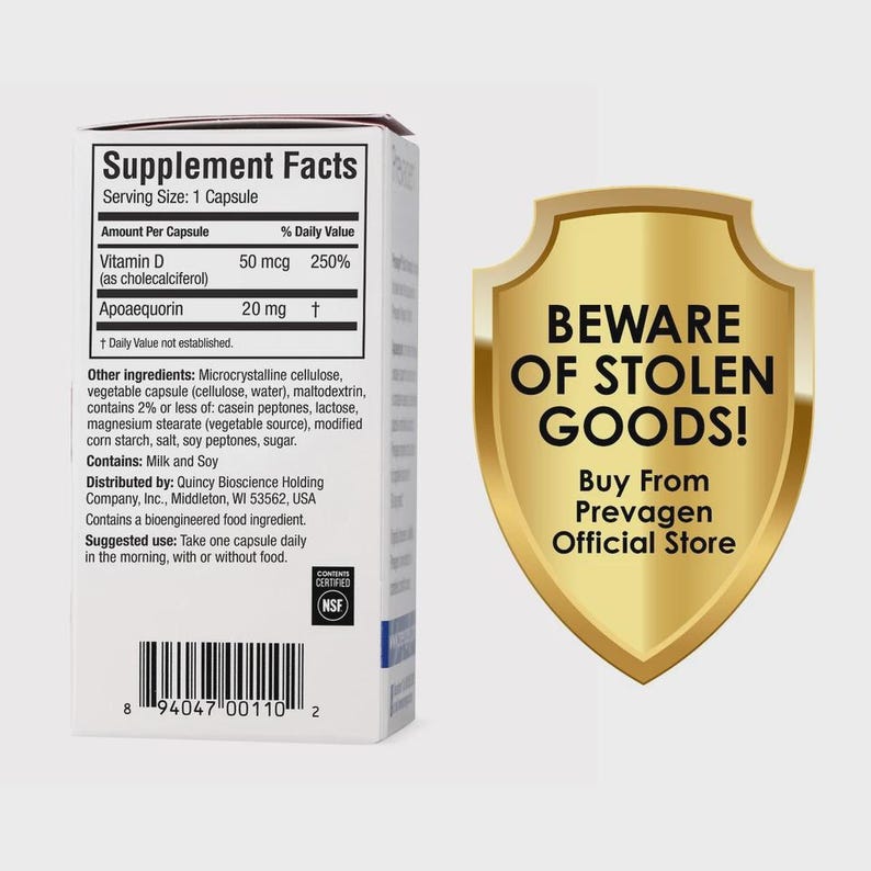 May include: A white supplement box with black text displaying Supplement Facts, including Vitamin D and Apoaequorin, alongside a gold shield graphic with the text BEWARE OF STOLEN GOODS! Buy From Prevagen Official Store and a barcode at the bottom.