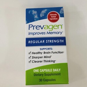 Peut inclure: Une bo&icirc;te rectangulaire de compl&eacute;ment alimentaire Prevagen Regular Strength. L'emballage est bleu, blanc et vert avec le texte : Clinically Tested Ingredient, Improves Memory, Supports: Healthy Brain Function, Sharper Mind, Clearer Thinking, One Capsule Daily, 30 Capsules.