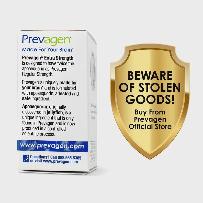 May include: A white rectangular box of Prevagen Extra Strength dietary supplement with blue and green text. The box features the text Made For Your Brain and details about apoaequorin. Beside it is a gold shield graphic with the text BEWARE OF STOLEN GOODS! Buy From Prevagen Official Store.