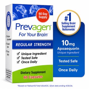 Peut inclure: Une bo&icirc;te blanche, bleue et verte de compl&eacute;ment alimentaire Prevagen contenant 60 g&eacute;lules. L'emballage pr&eacute;sente le texte Prevagen For Your Brain, Regular Strength, 60 Day Supply et 10mg Apoaequorin, ainsi que des mentions de compl&eacute;ment c&eacute;r&eacute;bral n&deg;1.