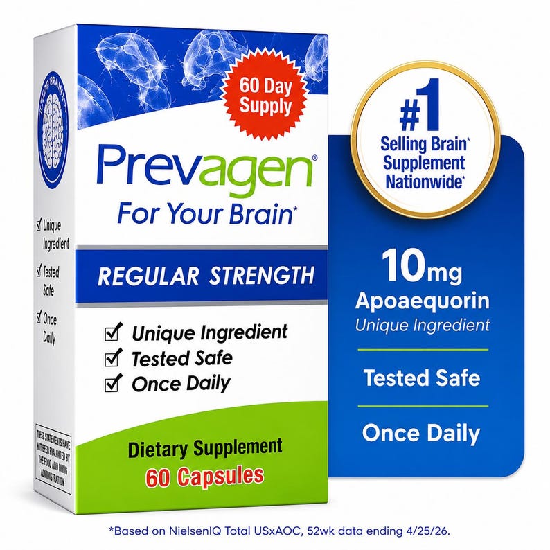 Peut inclure: Une bo&icirc;te blanche, bleue et verte de compl&eacute;ment alimentaire Prevagen contenant 60 g&eacute;lules. L'emballage pr&eacute;sente le texte Prevagen For Your Brain, Regular Strength, 60 Day Supply et 10mg Apoaequorin, ainsi que des mentions de compl&eacute;ment c&eacute;r&eacute;bral n&deg;1.