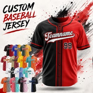 May include: A custom baseball jersey featuring a split black and red colour scheme with the text Teamname and the number 99 on the front. The button-down shirt has short sleeves and black trim. Smaller versions of the jersey in various colour combinations are displayed below the main item.