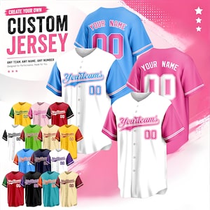 May include: A collection of custom baseball jerseys in various colour combinations, including white with blue or pink sleeves, solid blue, and solid pink. Each jersey features button-down fronts, text reading "YOUR NAME" or "YOURTEAMS", and the number "00".