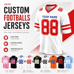 May include: A white football jersey with red accents, featuring the text TEAM NAME and the number 88 in red. The image displays various color options for the jersey, including pink, black, blue, white, yellow, orange, and light blue variations.