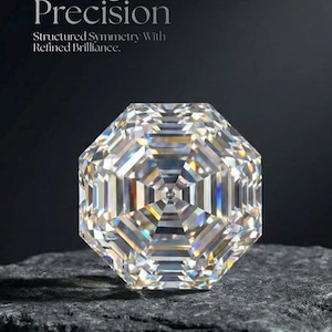 Peut inclure: Une pierre précieuse taille octogone avec des facettes claires et réfléchissantes affichant des refractions de lumière blanche et arc-en-ciel. Le texte au-dessus indique : Octagon Cut Precision, Structured Symmetry With Refined Brilliance.