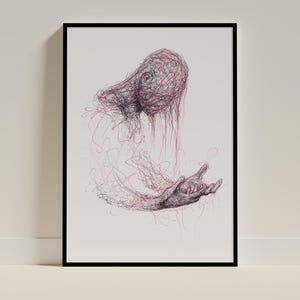 Abstract Scribble Art Print, Emotional Figure Drawing, Dark Surreal Line Art, Psychological Sketch, Expressive Minimalist Wall Art