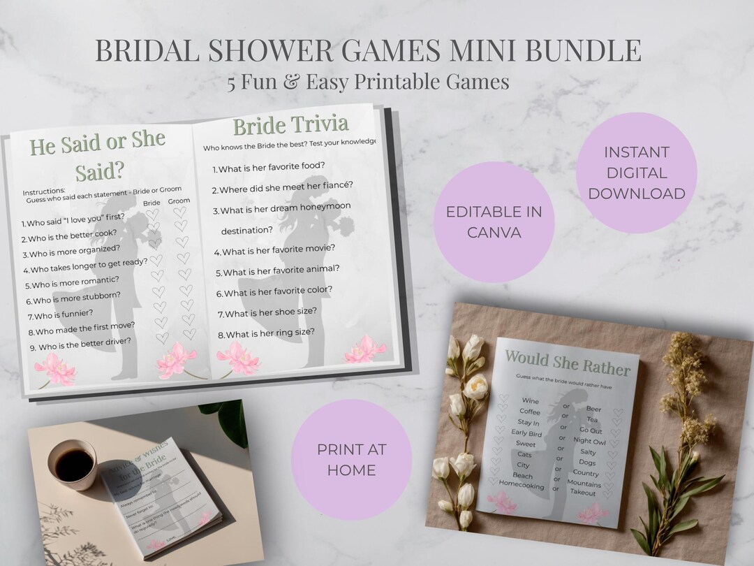 She Games Bridal Shower Games Bundle Printable, 5 Game Pack, Guess the Dress, He ...