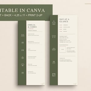 Op de afbeelding: Twee hoge, rechthoekige trouwprogramma's in crème en olijfgroen. De linkerkaart vermeldt Emilia & James, 14 oktober 2026, en de ceremonie-stappen. De rechterkaart toont een dagschema, namen van de bruiloftsgasten en een QR-code vak.