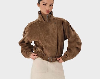 Giacca bomber in pelle scamosciata marrone / Cappotto oversize corto in stile streetwear retrò