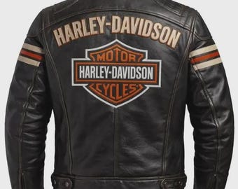 Blouson motard Harley-Davidson en cuir noir avec manches rayées pour homme