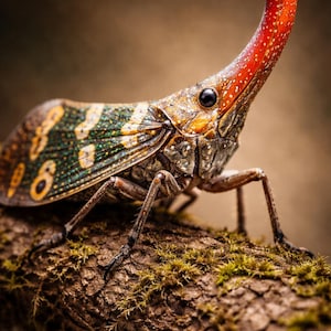 May include: A close-up of a lanternfly, a type of insect, perched on a mossy branch. The insect has a long, curved, red proboscis with white spots. Its wings are green and brown with yellow markings. The insect's body is brown and gray.