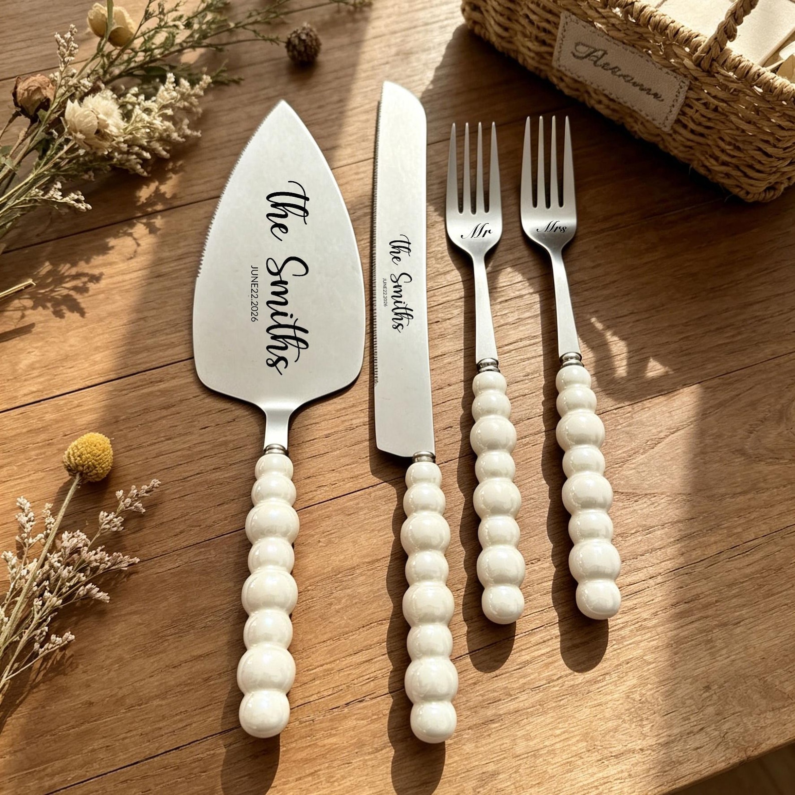 Wedding Cake Knife Set ，Pearl Handle Set，Laser Engraved ，Wedding gift for the bride，Mother's Day gift - silvery, Design 4