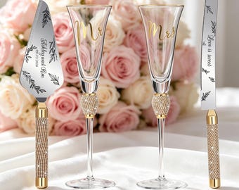Personalized Wedding Cake Cutting Set ,Wedding gift for bride  Wedding toast glasses personalized wedding gifts， Bride and Groom