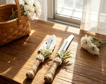 Set per il taglio della torta nuziale con confezione regalo, coltello e paletta per torta personalizzati e incisi, stile boho rustico, cimelio di nozze.