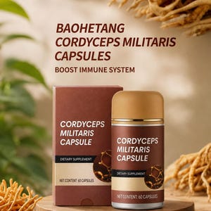 Può includere: Una scatola marrone e un flacone cilindrico di capsule Baohetang Cordyceps Militaris, etichettati come integratore alimentare con un contenuto netto di 60 capsule. La confezione riporta il testo Boost Immune System e Cordyceps Militaris Capsule.