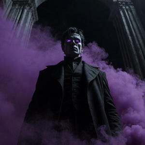 May include: A man in a black coat and vest stands in front of a gothic archway, surrounded by purple smoke. His eyes glow purple. The image has a dark, dramatic aesthetic, with a focus on the figure and the atmospheric smoke.