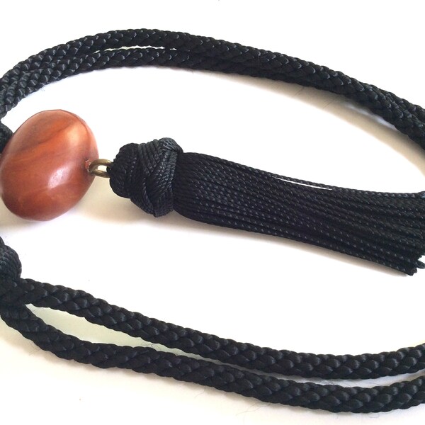 Minimalist black tassel necklace,orange light brown moroccan resin bead, adjustable silk cord,boho jewelry,handmade in Morocco,unique piece