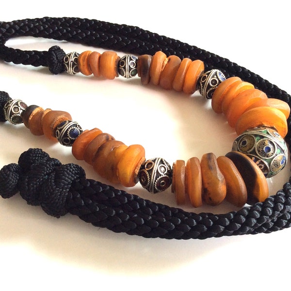 Moroccan necklace, handmade , bone beads , Berber metal enamel  beads , statement jewelry  bijoux ethniques,adjustable black silk  long cord