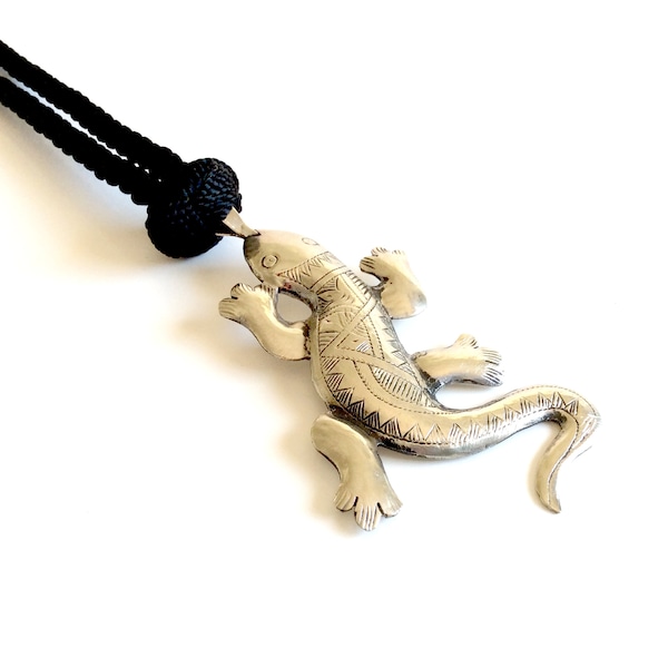 Salamander,Lizard ,gecko reptile metal pendant necklace,black  silk cord,handmade,totem animal jewelry,fire element pendant alchemy