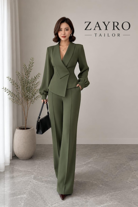 Olive Green Women's Pantsuit, Elegant Office Suit Set, Wide Leg Trouser Suit