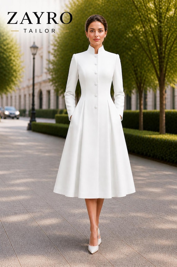 フォーマル・ドレス・スーツ mimiel empire queen shining winter dress ZAYRO TAILOR White Midi Dress, Elegant Long Sleeve Tailored