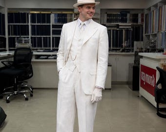 Men's White Vintage Double Breasted Suit, 3 Piece Linen Style Wedding Tuxedo